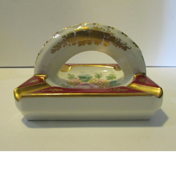 vintage floral ashtray burgundy gold edge handle holds 9 cigarettes France - Picture 4 of 9